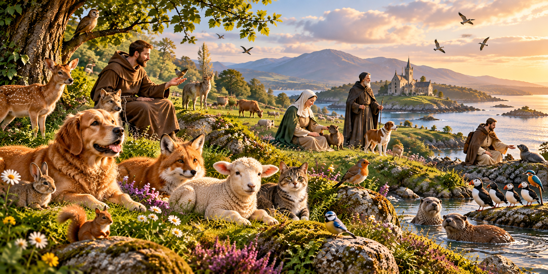 Saints among dogs, foxes, lambs, birds, otters and other animals in a peaceful countryside near a monastery